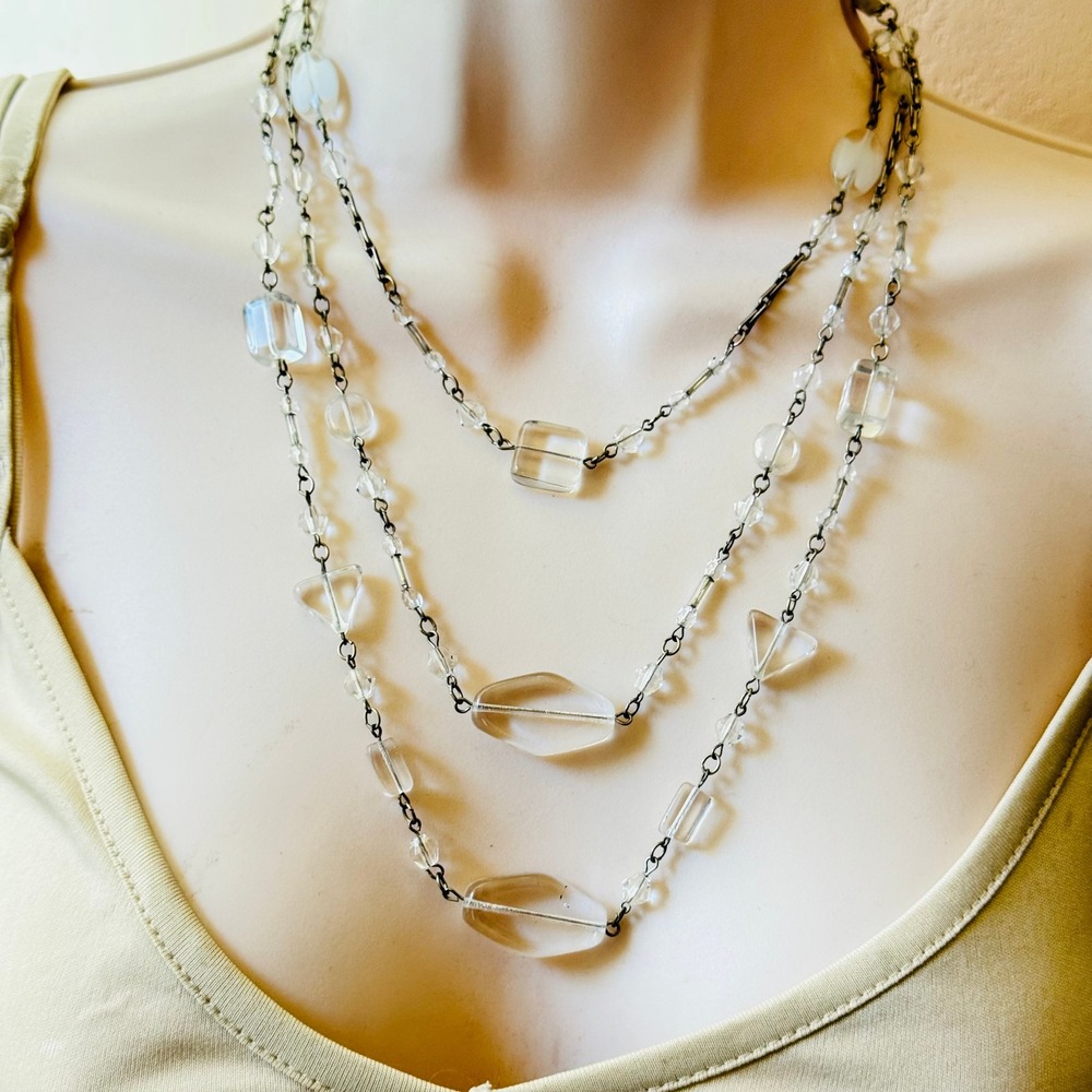 Bellagio Quartz Triple Strand‎ Bib Necklace Silver Wired Signed Statement Collar